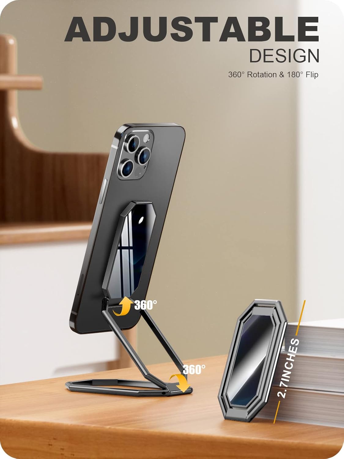 A-LuGei 𝗙𝗼𝗹𝗱𝗮𝗯𝗹𝗲 & 𝗔𝗱𝗷𝘂𝘀𝘁𝗮𝗯𝗹𝗲 Cell Phone Ring Holder Stand, Phone Kickstand for Desk, Cell Phone Holder for Hand, Ring for Back of iPhone, Metal Phone Grip for Magnetic Car Mount