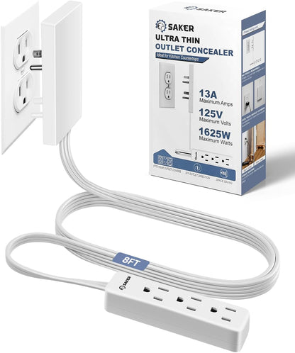 Saker Outlet Concealer Power Strip, 8ft Ultra-Thin Extension Cord with 3 Outlets,1625W, Low-Profile Flat Plug, Wall-Hugging Design for Home, Office, and TV Setup (8ft)