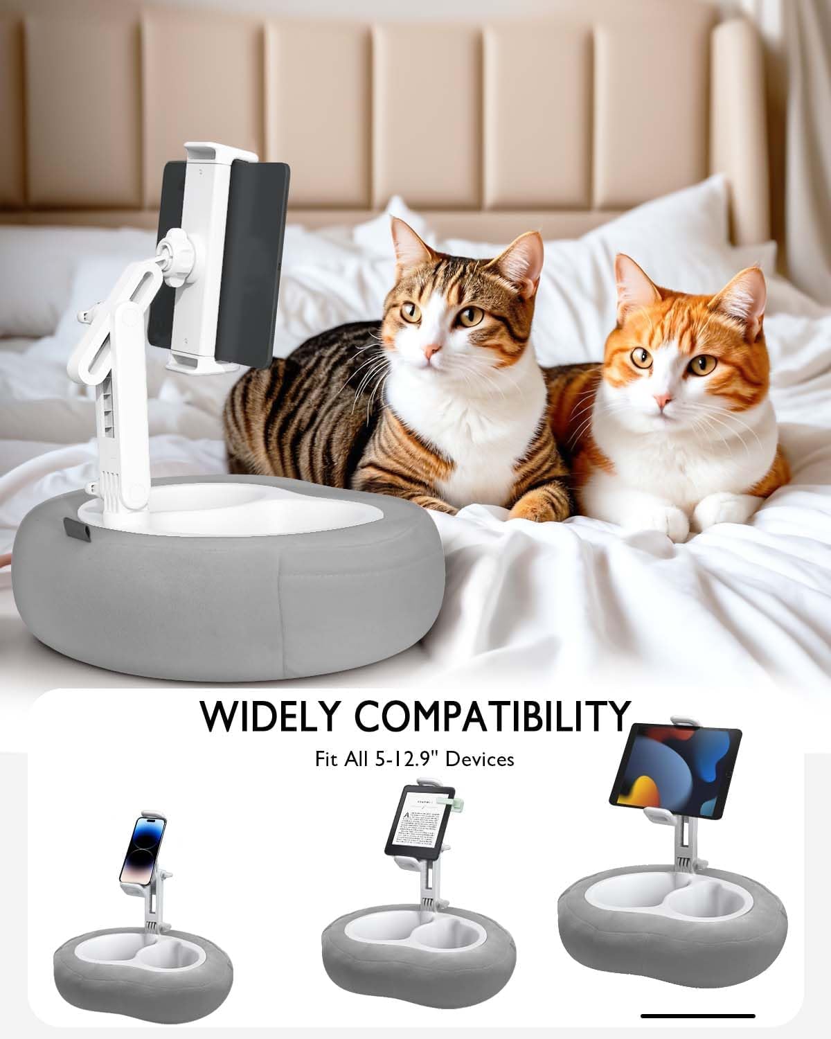 Tablet Pillow Stand, Compatible with 5"-12.9" Kindle, iPad, Phone/Tablet, Google, Samsung, 360° Rotating Phone Holder for Bed, Soft Plush Fabric, Detachable Bowl, Reading and Relaxation on Bed, Gray