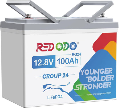 Redodo 12.8V 100Ah Group 24 Battery, 1280Wh Deep Cycle LiFePO4 Battery with 100A BMS, 4000+ Cycles Lithium Rechargable Battery for All RVs, Van, Camper, Solar Power Storage, Off-Grid
