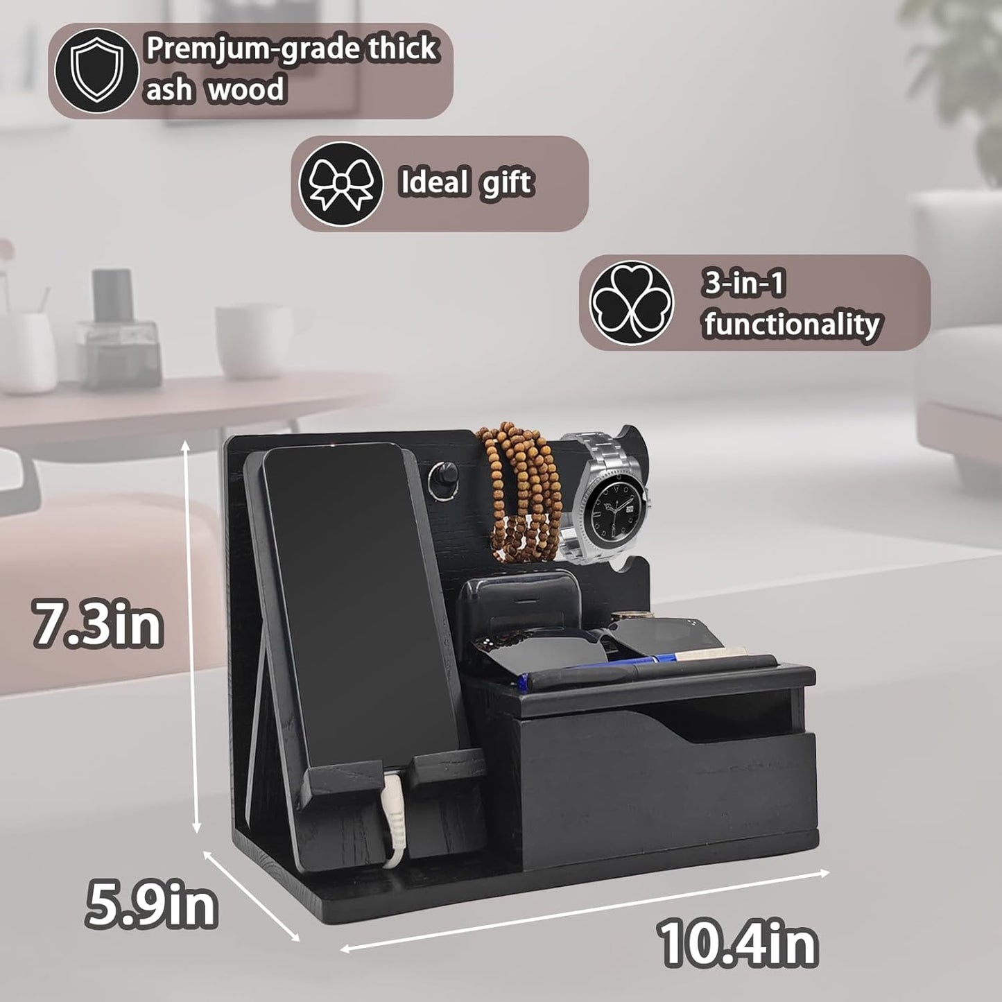 3-in-1 Wood Phone Docking Station Organizer with Drawer & Hidden Charging Hole for Phone, Keys, Glasses & Accessories, for Men (Black, 01)