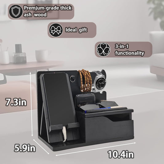 3-in-1 Wood Phone Docking Station Organizer with Drawer & Hidden Charging Hole for Phone, Keys, Glasses & Accessories, for Men (Black, 01)