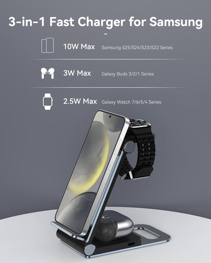 Wireless Charger for Samsung 3 In 1 Wireless Charging Station Foldable Wireless Charger Stand for Samsung S25 Ultra S24 S23 S22 Z Flip Z Fold 6 5 for Galaxy Watch 7/6/5/4 for Galaxy Buds Elegant Black