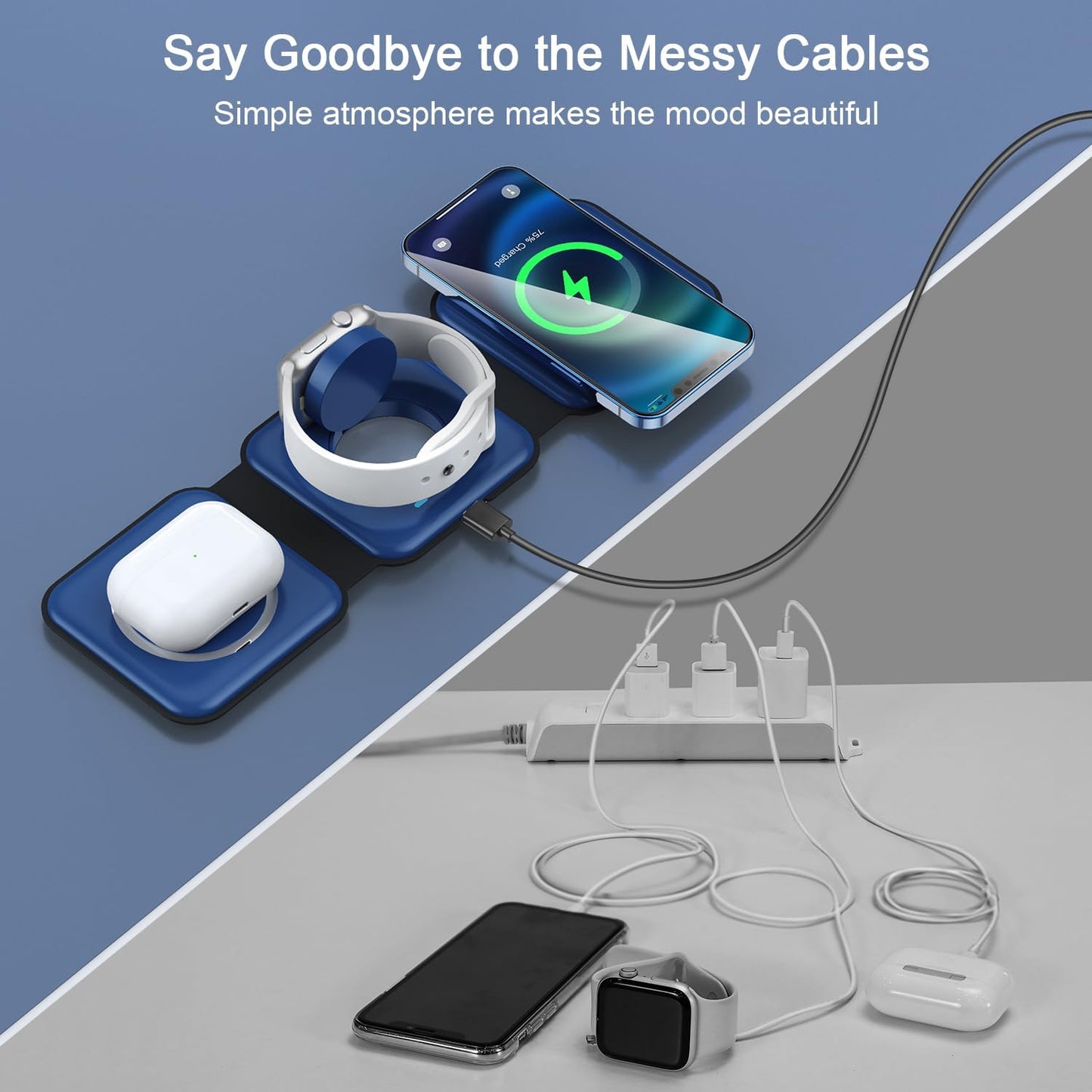 Wireless Charger 3 in 1,RTOPS Magnetic Travel Wireless Charging Station Multple Devices,GaN 3 in 1 Charging Station,Compatible for iPhone16/15/14/13/Pro/Max,iWatch,AirPods4/3/2/Pro(Adapter Includes)