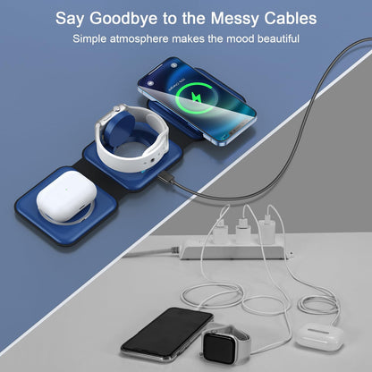 Wireless Charger 3 in 1,RTOPS Magnetic Travel Wireless Charging Station Multple Devices,GaN 3 in 1 Charging Station,Compatible for iPhone16/15/14/13/Pro/Max,iWatch,AirPods4/3/2/Pro(Adapter Includes)