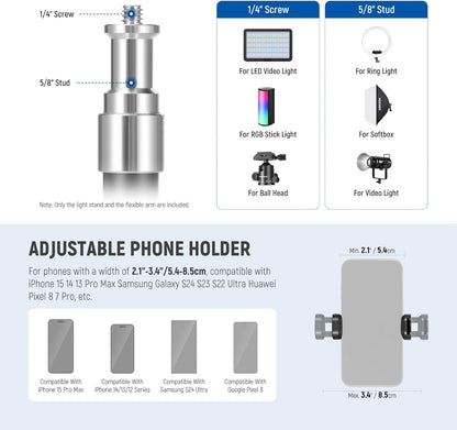 NEEWER 71" Phone Tripod Stand with Reversible Legs Flexible Arm 360° Ball Head Phone Holder & Remote, Portable Photography Light Stand Compatible with iPhone 16 15 Pro Max for Video Recording, TS06