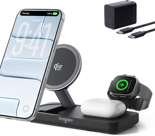 THREEKEY Qi2 25W MagSafe 3-in-1 Wireless Charging Station, MFI Certified by Apple, Fast Foldable Charger Stand for iPhone 17/16/15/14/13/12 Pro Max, Apple Watch, AirPods(45W Adapter Included)