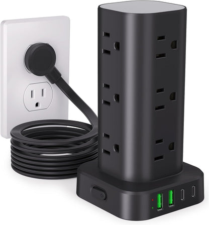 Power Strip Tower with Multiple Outlets, Flat Plug Surge Protector Tower Extension Cord with 12 AC Outlets 4 USB Ports (2 USB C), 10FT Cord Power Tower Surge Protector for Home Office Dorm Room, Black