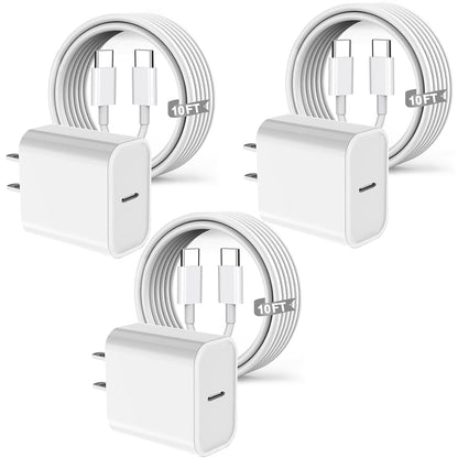 [3 Pack] Long 10FT iPad Pro Charger 20W Fast Wall Charger Block,10Foot USB C to C Cable Fast Charging for iPad Pro 13/12.9/11 inch 2018-2025,iPad 11,iPad Air,Mini 7th/iPhone 16/15 Pro/15 Pro Max