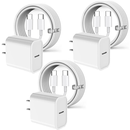 [3 Pack] Long 10FT iPad Pro Charger 20W Fast Wall Charger Block,10Foot USB C to C Cable Fast Charging for iPad Pro 13/12.9/11 inch 2018-2025,iPad 11,iPad Air,Mini 7th/iPhone 16/15 Pro/15 Pro Max