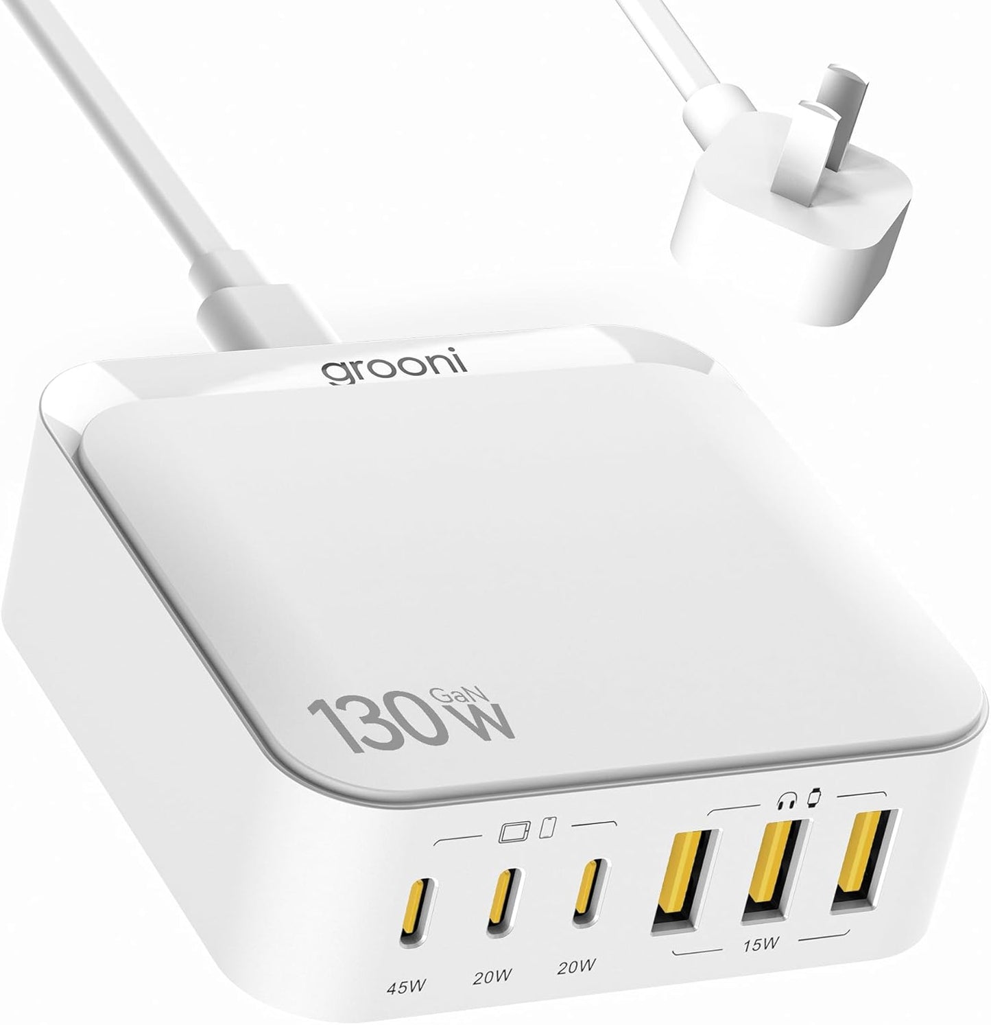 USB C Charger Block, 130W 6 Ports Fast Wall Chargers, Charging Stations with PD 45W, Dual PD 20W, 3 USB A, 3 USB C, QC, PPS, 6ft Cord, Compatible with iPhone, Galaxy, Pixel, MacBook, iPad Pro