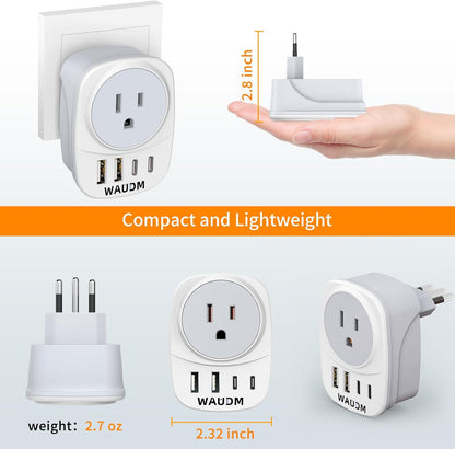 2 Pack Italy Travel Power Adapter, Italy Travel Plug Adapter with 2 USB and 2 USBC Ports, L-Shaped 3-Pin Ground Plug for USA to Italy Uruguay Chile Rome