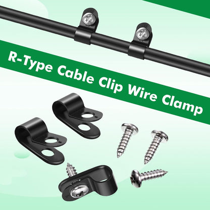 Hicarer 50 Pack R-Type Cable Clip Wire Clamp, Nylon Screw Mounting Cord Fastener Clips with 50 Pack Screws for Wire Management (Black, 1/4inch)