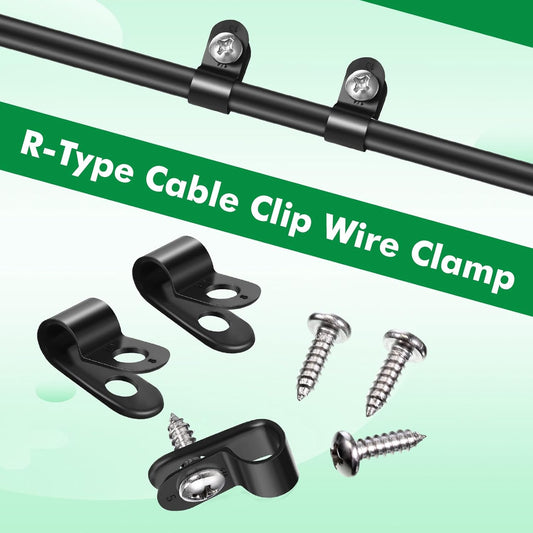 Hicarer 50 Pack R-Type Cable Clip Wire Clamp, Nylon Screw Mounting Cord Fastener Clips with 50 Pack Screws for Wire Management (Black, 1/4inch)