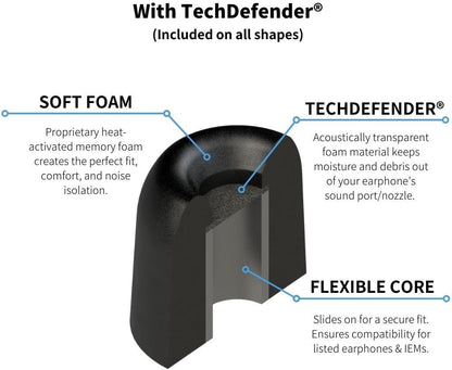 Comply 500 Core Series | Memory Foam Replacement IEM Ear Tips for KZ, Moondrop, FiiO Sennheiser & More | Superior Noise Isolation, Ultimate Comfort, Secure Fit | TechDefender, Black, Small (3 Pairs)