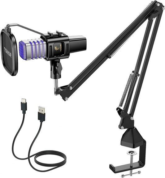 TONOR USB Gaming Microphone, RGB Streaming Microfono Set, PC Podcast Recording Computer Mic for PS4/5, Discord, Twitch, Cardioid Condenser Mic with Adjustable Boom Arm Stand TC30S+