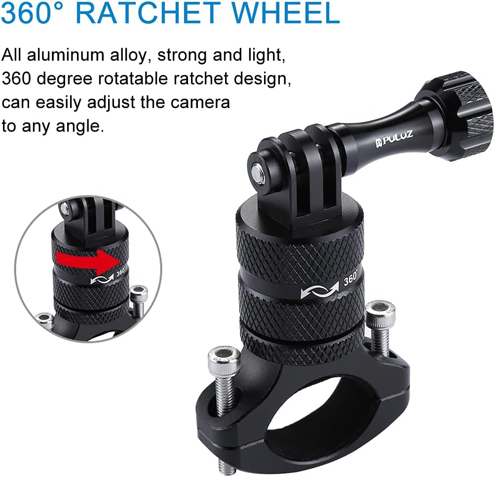 PULUZ Bike Camera Handlebar Mount for Gopro Hero 12/11/10/9/8/7/6 Bike Motorcycle Mount Clip, 360 Degree Rotation Aluminum Bicycle Bracket for DJI OSMO Action&Xiaoyi Camera