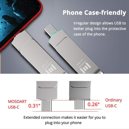 MOSDART 128GB USB3.1 Fast Speed C and A Dual Flash Drive, exFAT Memory Stick with Keychain Loop, for iPhone 15 and 16, Android Phone, iPad, MacBook, Silver(Pack of 2)