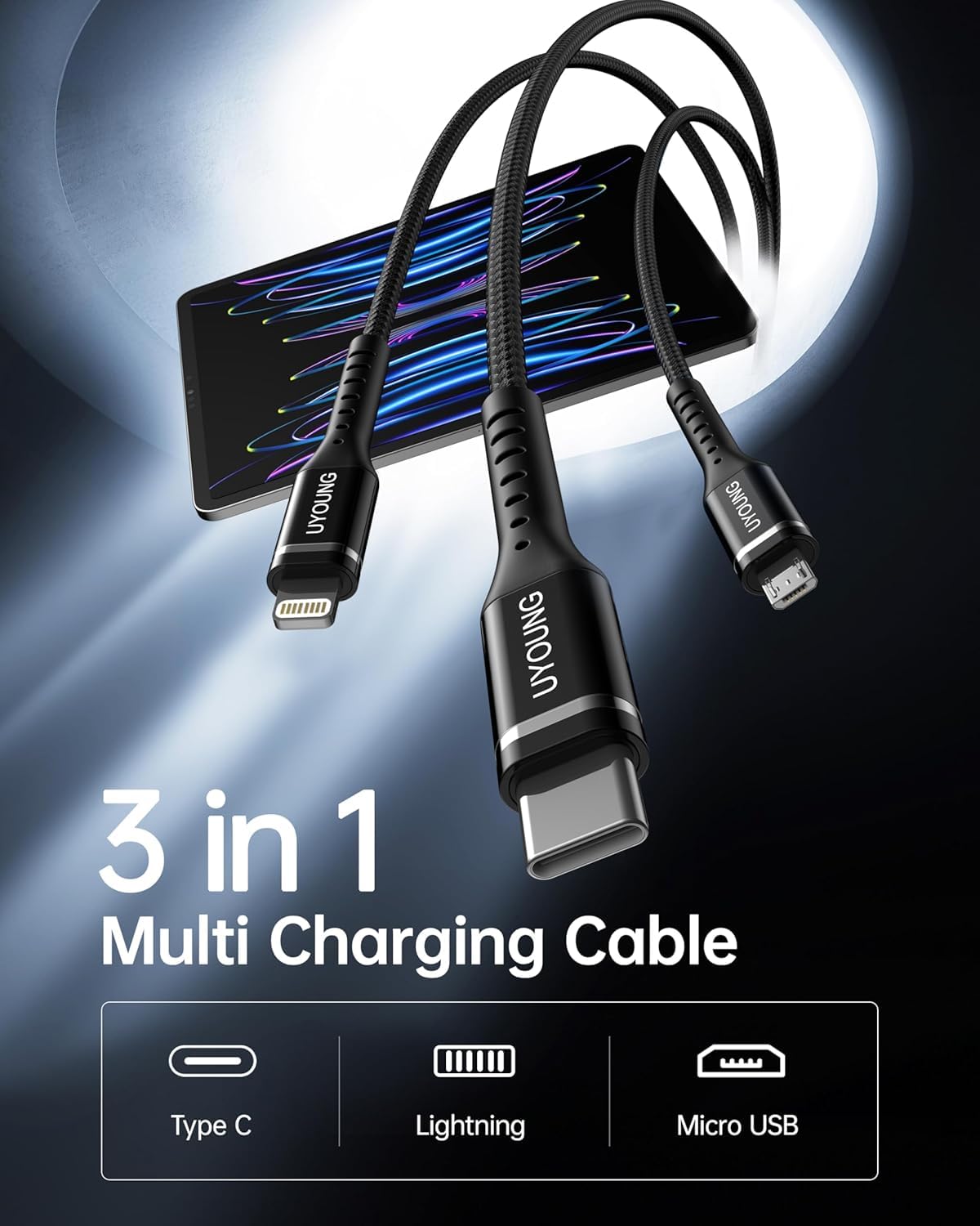 Short Multi Charging Cable 1FT 2Pack 3 in 1 Charger Cord Braided Universal Phone Cords with Lightning/Type C/Micro USB Connectors, Multiple USB Cable for iPhone/Samsung/Google Phones and More