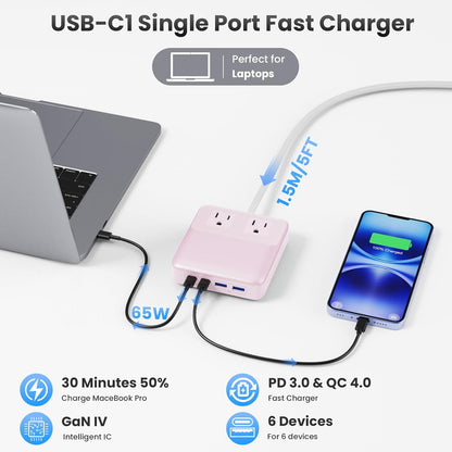 USB C Charger Block,135W GaN IV Fast Charging Station Hub,6-in-1 USB C Power Strip with Flat Plug and 5ft Cord,2 AC,2 USB A,2 USB C,PD 65W Laptop Charger for MacBook Air/Pro,iPhone16/15,Samsung-Pink