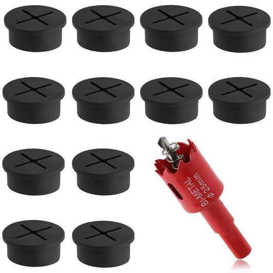 1 Inch（25mm) Desk Grommet, 13 Pieces Wire Grommet, Desk Hole Cover for Cables with Hole Saw,Plastic Cable Cord Wire Hole Cover for Desk, Table,Cabinet,Countertop and Other Furniture(Black)