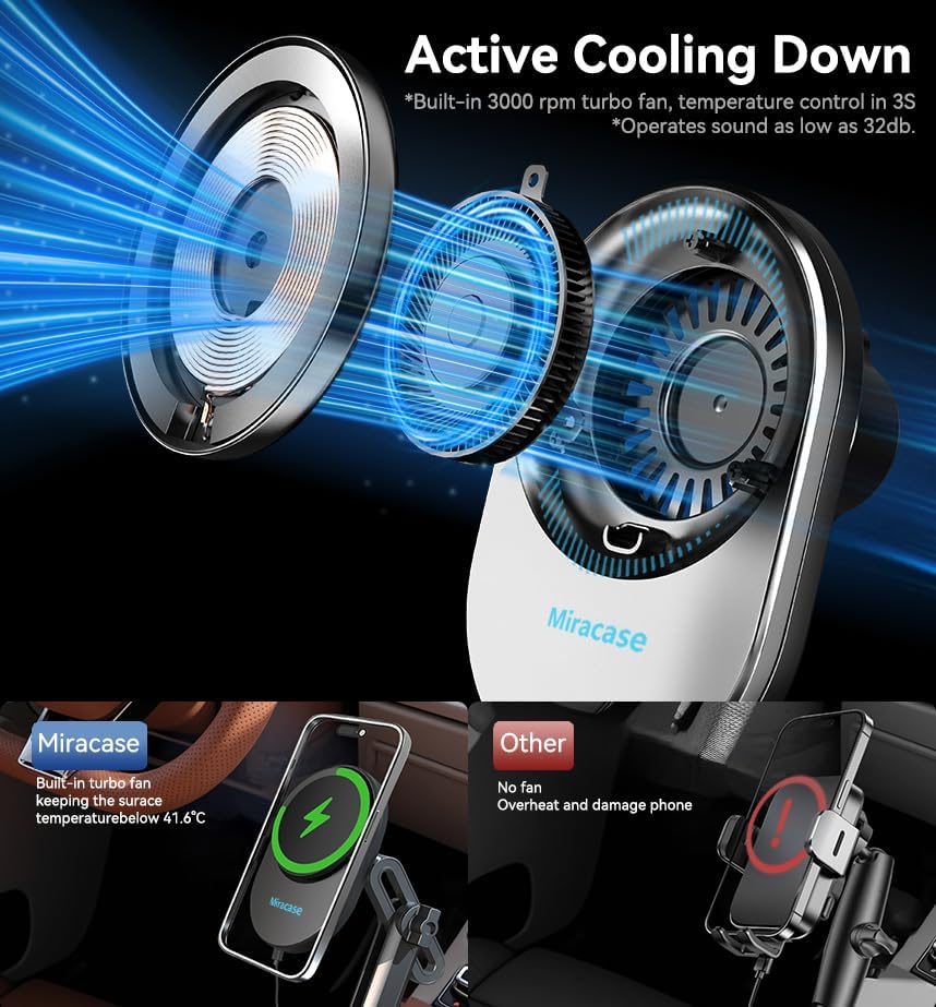 Miracase for Magsafe Car Mount Charger, 15W Fast Charging Cup Holder Phone Holder Wireless Magnetic Charger with Heat Dissipation System Only Fit iPhone 16/15/14/13/12 Series