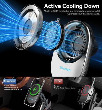 Miracase for Magsafe Car Mount Charger, 15W Fast Charging Cup Holder Phone Holder Wireless Magnetic Charger with Heat Dissipation System Only Fit iPhone 16/15/14/13/12 Series