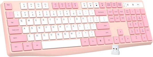 Lovaky Wireless Keyboard, 2.4G Ergonomic Wireless Computer Keyboard, Enlarged Indicator Light, Full Size PC Keyboard with Numeric Keypad for Laptop, Desktop, Surface, Chromebook, Notebook,PinkWhite
