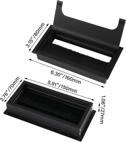 2PCS Desk Grommet Metal Rectangle Desk Cord Cable Hole Cover Grommet with Brush for Home Office Bank Computer Table (black)