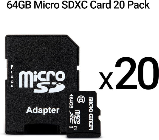 Micro Center 64GB Class 10 Micro SDXC Flash Memory Card 20 Pack with Adapter for Mobile Device Storage Phone, Tablet, Drone & Full HD Video Recording - 80MB/s UHS-I, C10, U1 (20 Pack)