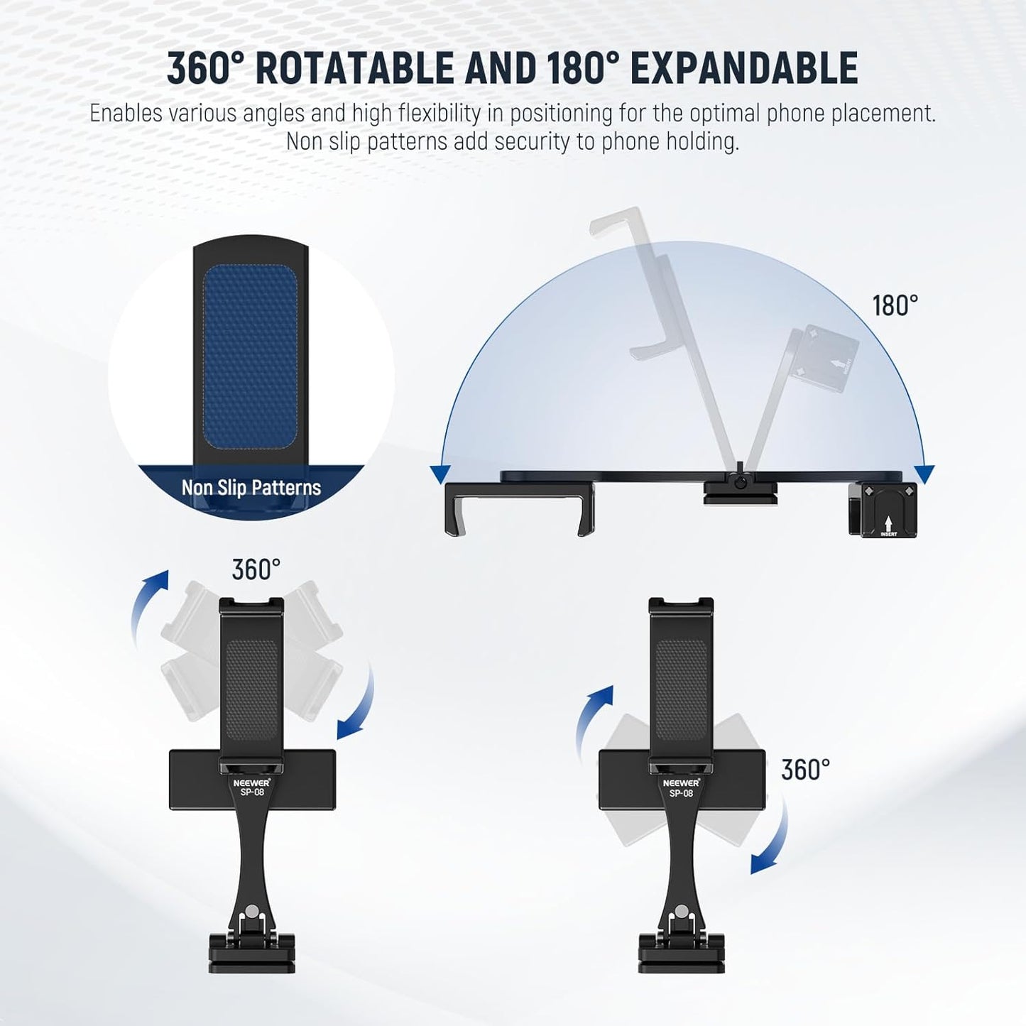 NEEWER Metal Phone Tripod Mount Adapter with Arca QR Base, 360° Rotatable Dual Cell Phone Clip Clamp Holder with 4 Cold Shoes Compatible with iPhone Samsung for Vlog Live Stream Video Recording, SP-08