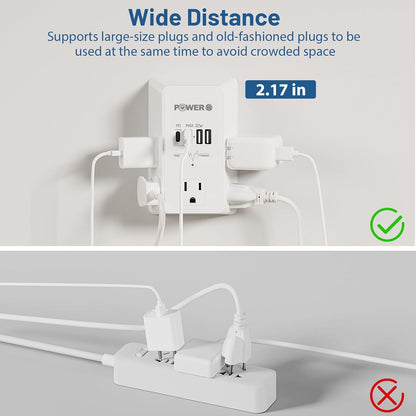 20W PD Fast Charging Wall Outlet with USB Ports (2C2A), Electrical Outlet Extender, Surge Protector, Wall Plug Adapter for Multiple Devices, Wall Socket Expander