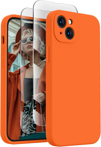 FireNova Designed for iPhone 15 Plus Case, Silicone [Camera Protection] Case with [2 Screen Protectors], Soft Anti-Scratch Microfiber Lining Inside, 6.7 inch, Neon Orange