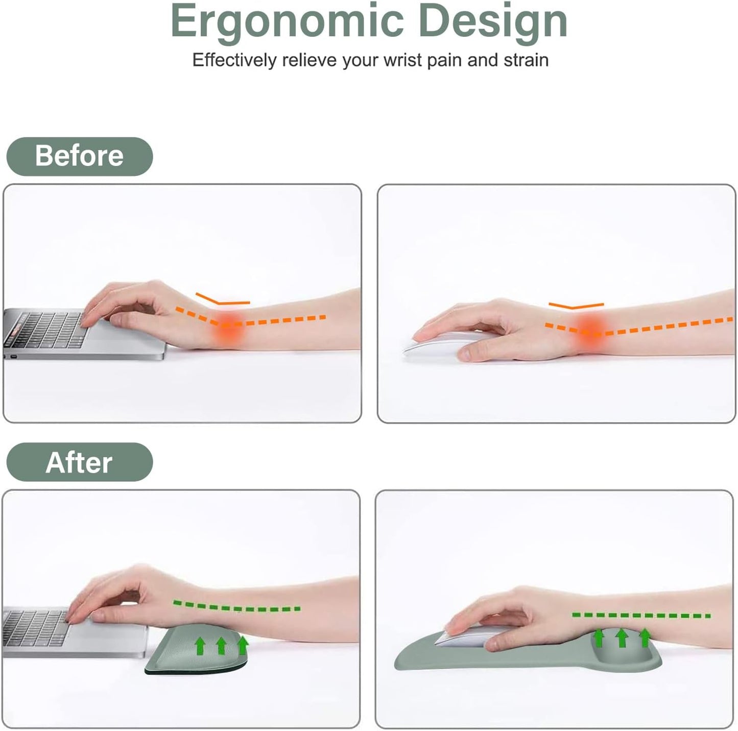 MOSISO Wrist Rest Support for Mouse Pad & Keyboard Set, Ergonomic Mousepad Non-Slip Base Home/Office Pain Relief & Easy Typing Cushion with Neoprene Cloth & Raised Memory Foam, Antique Green