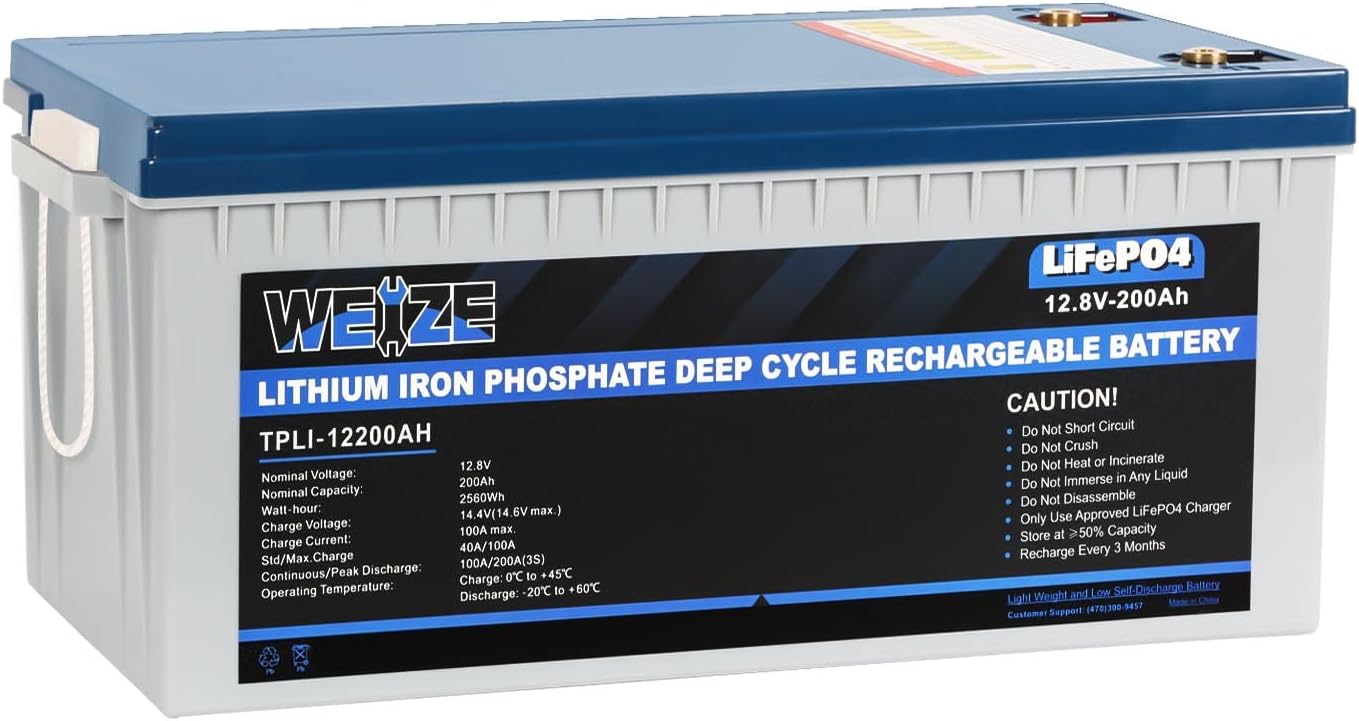 Weize 12V 200Ah LiFePO4 Lithium Battery, Built-in Smart BMS, 8000+ Deep Cycles, Low Temperature Protection Rechargable Battery Perfect for RV, Solar, Marine, Overland/Van, and Off Grid Applications