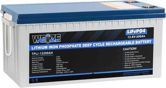 Weize 12V 200Ah LiFePO4 Lithium Battery, Built-in Smart BMS, 8000+ Deep Cycles, Low Temperature Protection Rechargable Battery Perfect for RV, Solar, Marine, Overland/Van, and Off Grid Applications