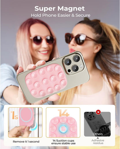 Magnetic Phone Suction Grip, Shower Phone Holder for MagSafe, Octo Phone Sticky Buddy Suction Grip for iPhone 16 15 14 13 12, Birthday Christmas for Women Pink