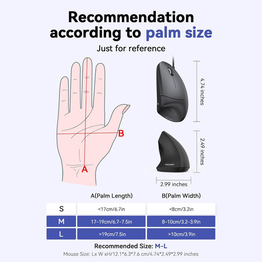 TECKNET Wired Mouse, 6400 DPI Ergonomic Mouse 6 Buttons Silent Mice 4 Adjustable DPI Vertical Mouse Compatible with Windows/Chrome/Laptop/Computer