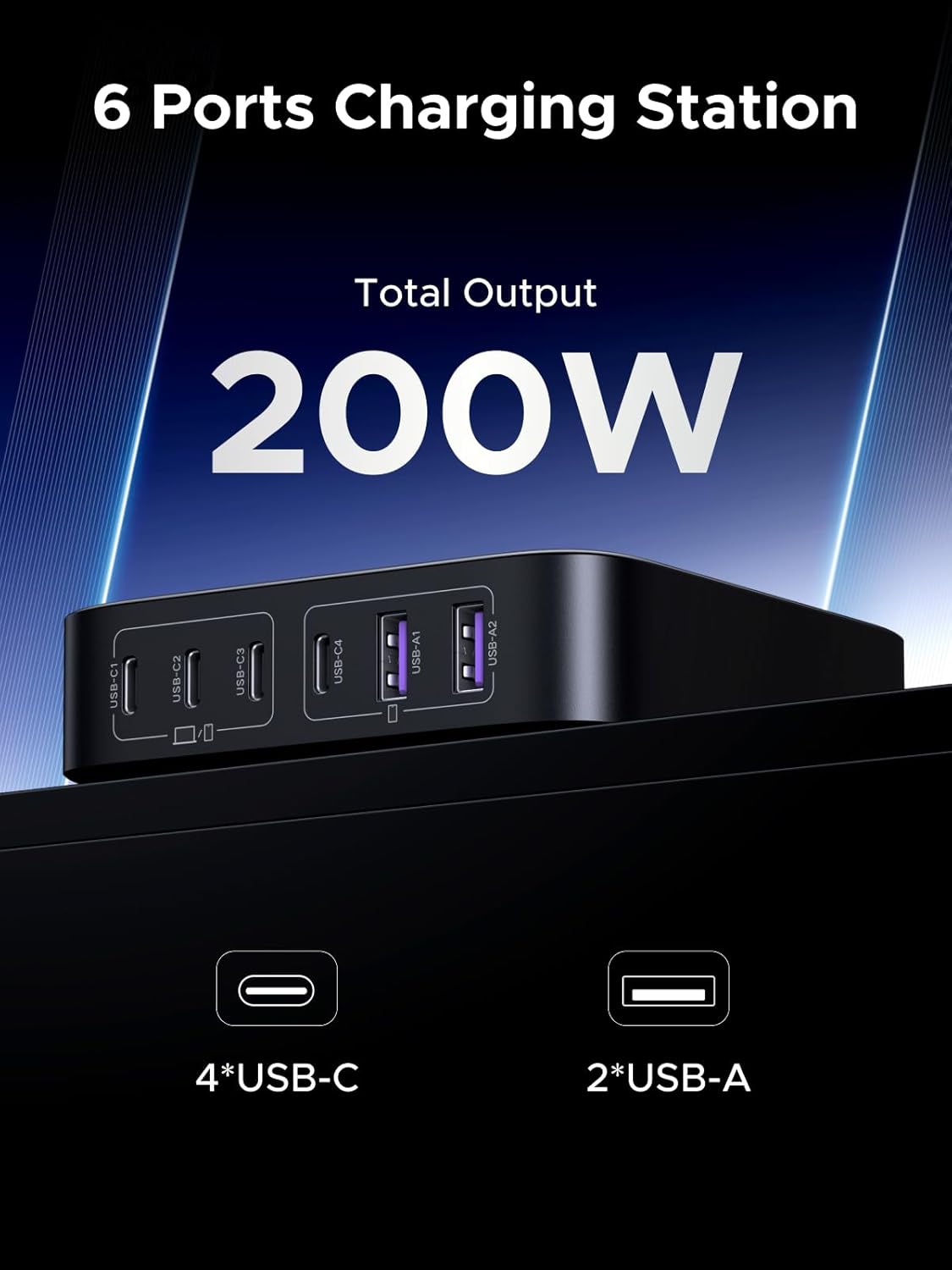 UGREEN 200W USB C Charger, Nexode 6-Port GaN Desktop Charger, USB C Charging Station for MacBook Pro/Air, iPad Pro/Air, iPhone 16/15/14, Galaxy S24 Ultra, Steam Deck