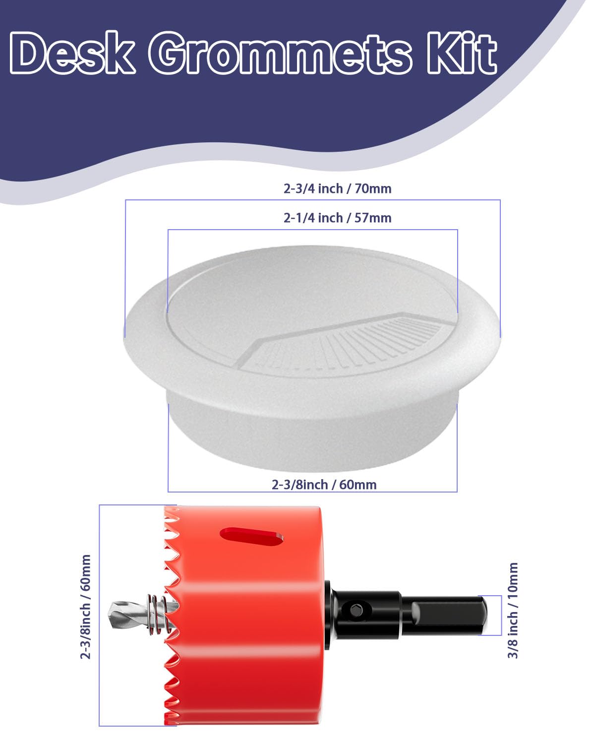 Desk Grommet 2-3/8 inch (60mm) 10 Pieces - White Desk Cable Grommet Desk Cable Hole Covers with Hole Saw for TV, Office, Wires Through Countertop and Home Table