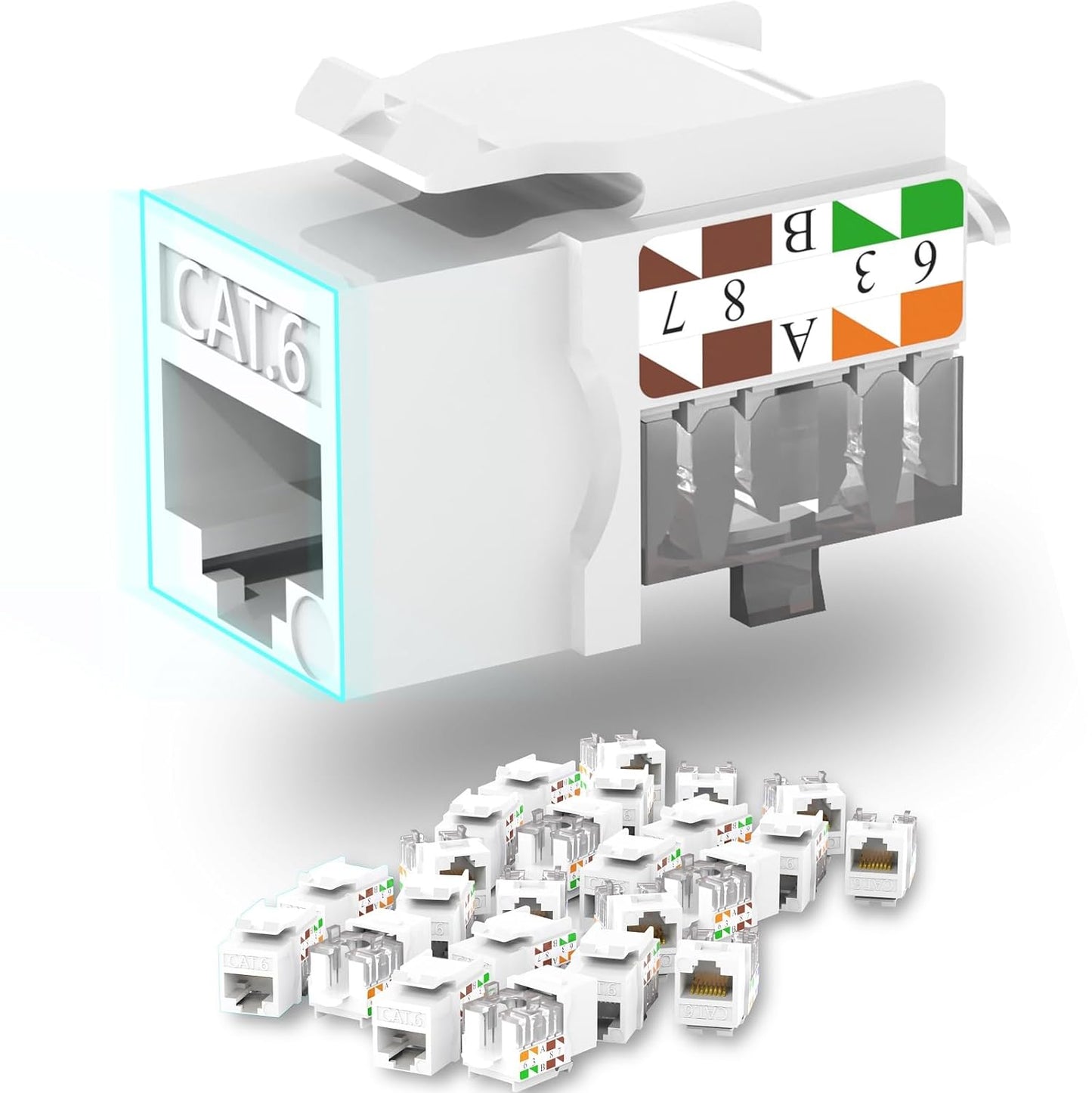 Keystone Jack Cat6 Slim 25 Pack, Cat6 Keystone Jacks 90 Degree, RJ45 Keystone Jack Punch Down White, Compatiable for High-Density Network WallPlate or Patch Panels