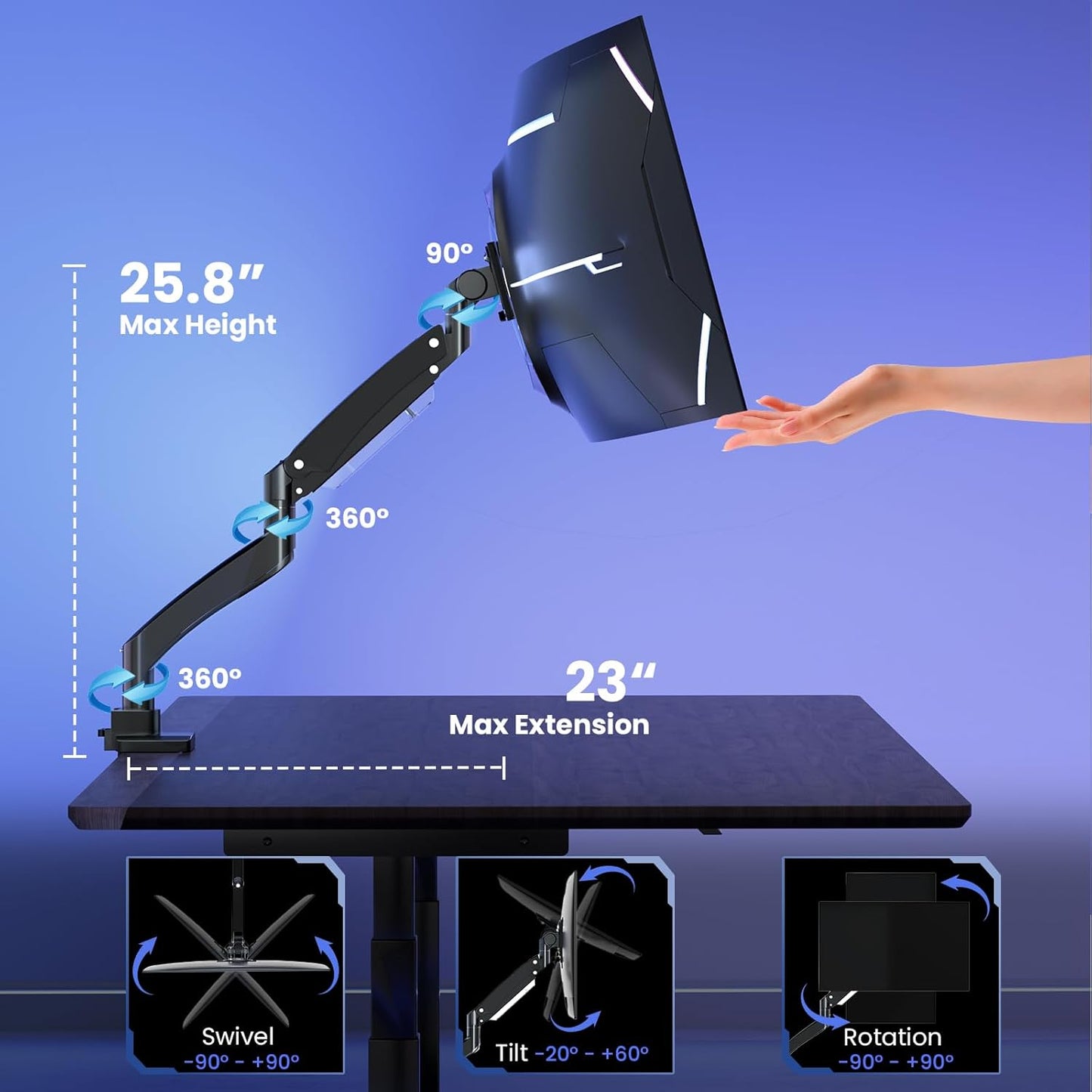 Ultrawide Monitor-Arm Heavy Duty 22-57‘’ - PUTORSEN Aluminum Single Monitor Mount Holds up to 59.4 lbs, Premium Adjustable Desk Mount Stand, VESA 75/100/200 mm, Black