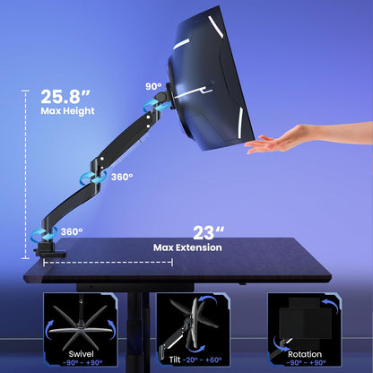 Ultrawide Monitor-Arm Heavy Duty 22-57‘’ - PUTORSEN Aluminum Single Monitor Mount Holds up to 59.4 lbs, Premium Adjustable Desk Mount Stand, VESA 75/100/200 mm, Black