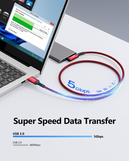 SUNGUY USB C Cable Right Angle 10FT, 5Gbps USB 3.0 to USB C Data Cable Compatible with iPhone 16/15 Series, Android Auto, Samsung Galaxy S24/S23, SSD, Huawei P30/P20, i-Pad Pro-Red