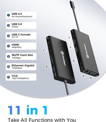 UtechSmart Triple Monitor USB-C Laptop Docking Station - 11-in-1 Dock with 2 HDMI, VGA, PD3.0, SD/TF Card Slot, 4 USB Ports - Compatible with MacBook & Windows (Black)