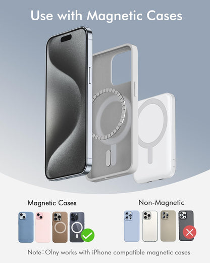 podoru for Magsafe Battery Pack, 5000mAh Magnetic Power Bank with Type-C Cable 20W PD Fast Charging Lighting Input Wireless Portable Charger for iPhone 16/15/14/13/12/ All Series-White