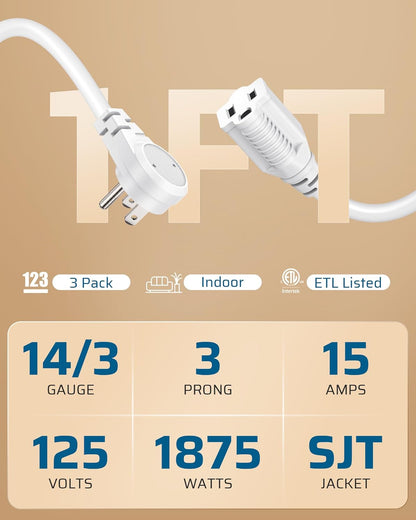DEWENWILS 1FT Extension Cord Indoor, 14 Gauge Short Flat Plug Extension Cord White with 3 Prong, Low Profile Power Cable SJT, ETL Listed, 3 Pack