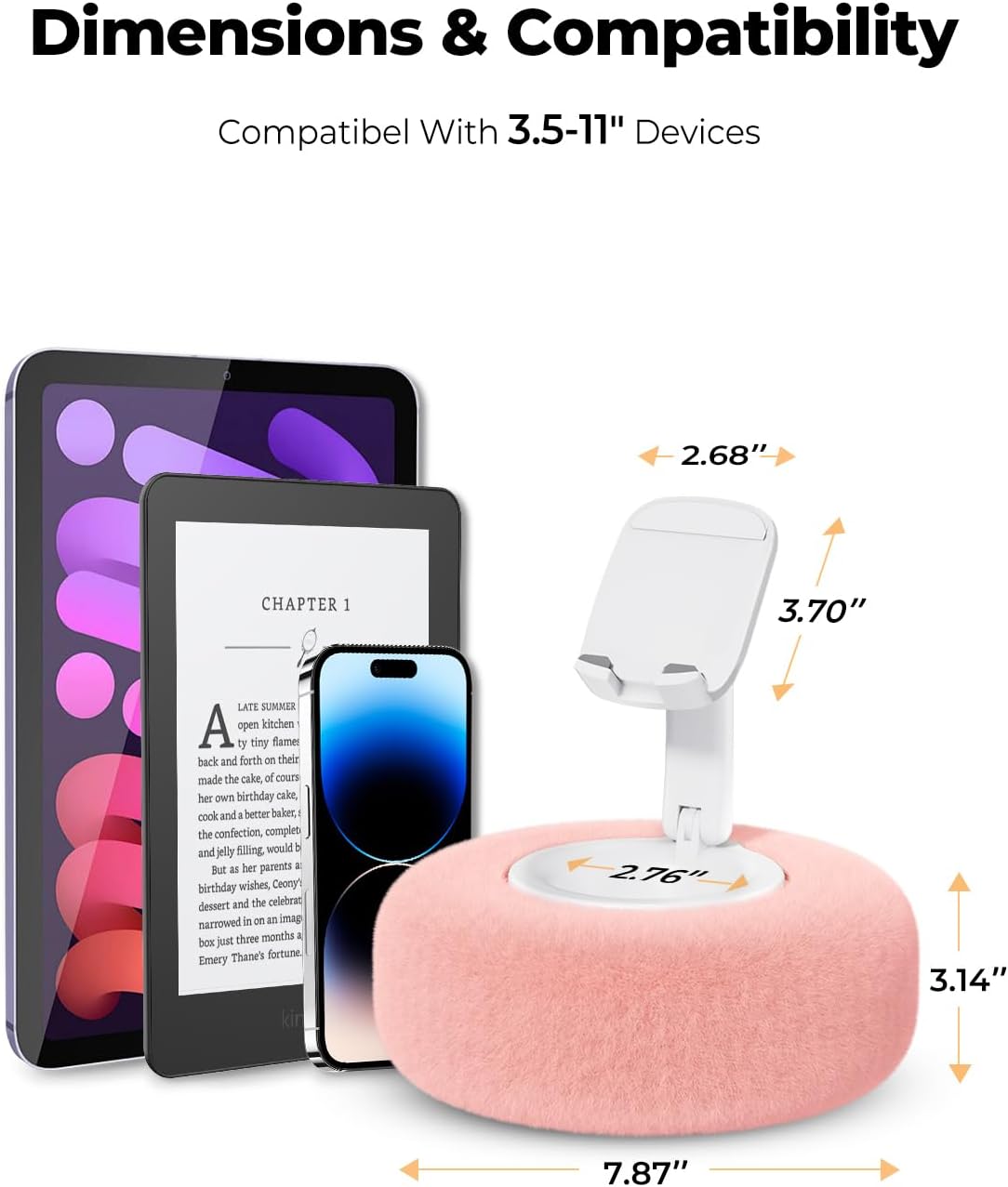 Phone Stand with Pillow, Adjustable iPhone Stand with Anti-Slip Strips, Fuzzy Tablet Holder– Compatible with 4"-7" Devices, Including iPhone, iPad, Kindle, and Android (Pink)