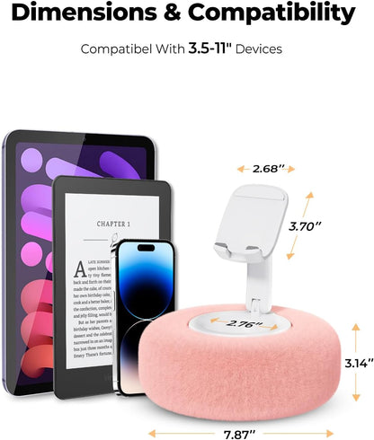 Phone Stand with Pillow, Adjustable iPhone Stand with Anti-Slip Strips, Fuzzy Tablet Holder– Compatible with 4"-7" Devices, Including iPhone, iPad, Kindle, and Android (Pink)