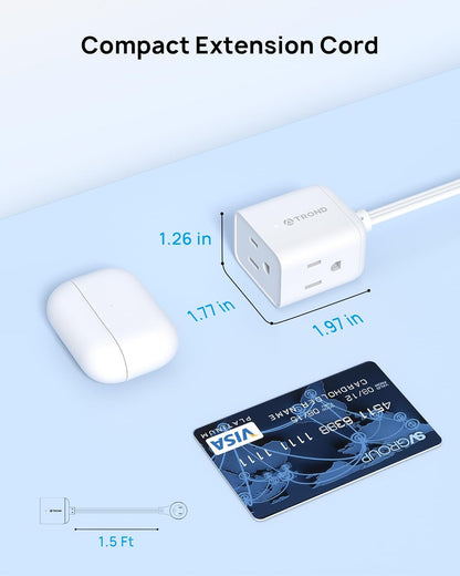 TROND Short Extension Cord 1.5ft with 360° Rotating Flat Plug, Low Profile Small Power Strip, Three Prong 3 Way Grounded Outlets, 13A, SPT 16/3 AWG Cable for Indoor Home Office Cruise Travel, White